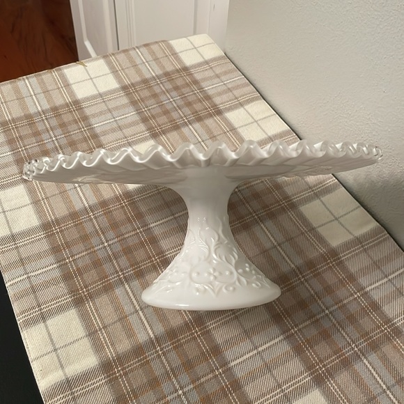Fenton Silver Crest Ruffled Pedestal Cake Stand Serving Plate Hobnail Milk Glass - Picture 5 of 11